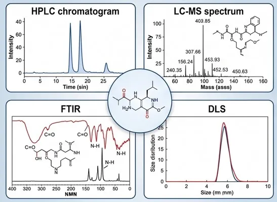 HPLC, LC-MS, FTIR and DLS characterisation panel
