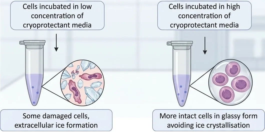 Cells after slow freezing beside cells after vitrification
