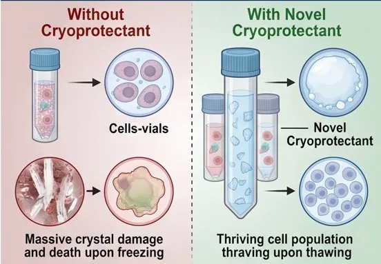 Comparison of cells frozen with and without a novel cryoprotectant