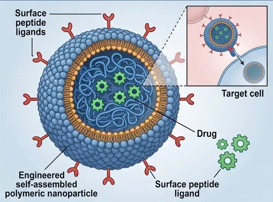Self-assembled polymeric nanoparticle with surface peptide ligands